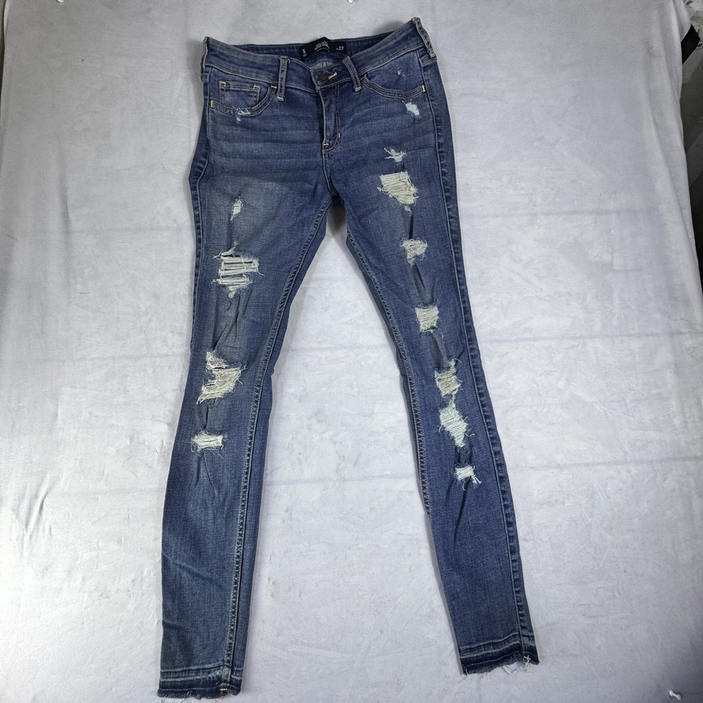Hollister Womens Super Skinny Jeans Blue Distressed Denim 5-Pocket Whisker 5
